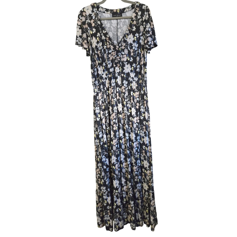 Lane Bryant Boho Chic Floral Maxi Dress Black V-Neck Flutter Sleeve Pockets 14W